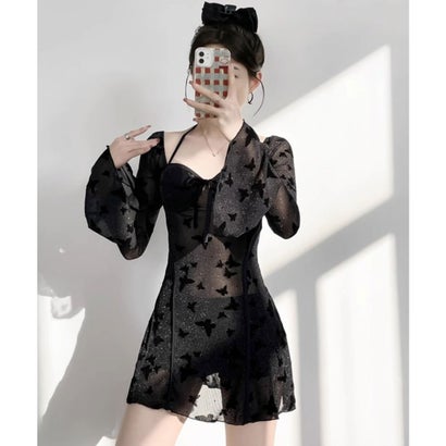 レースレディース Lace Ladies 【2点セット】バタフライ柄 ホルターネック ワンピース 水着 （ブラック）｜詳細画像