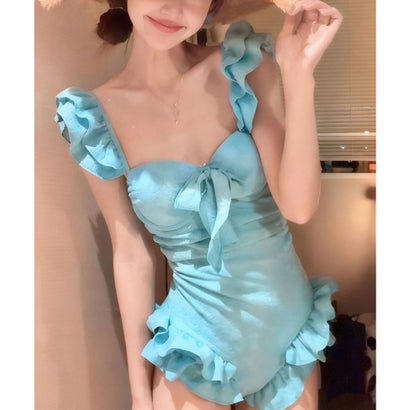 レースレディース Lace Ladies フラワー ジャガード リボン フリル ワンピース 水着 （ブルー）｜詳細画像