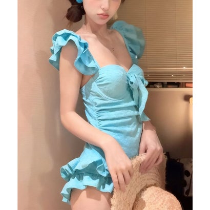 レースレディース Lace Ladies フラワー ジャガード リボン フリル ワンピース 水着 （ブルー）｜詳細画像