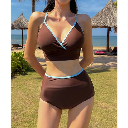 レースレディース Lace Ladies 【2点セット】配色 バック レースアップ セパレート 水着 （ブラウン）｜詳細画像