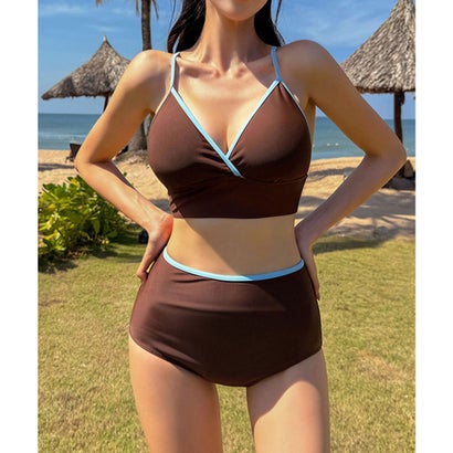 レースレディース Lace Ladies 【2点セット】配色 バック レースアップ セパレート 水着 （ブラウン）｜詳細画像