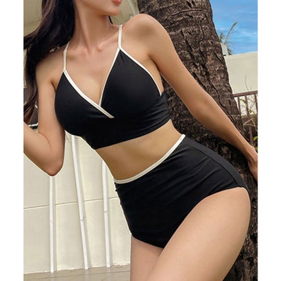 レースレディース Lace Ladies 【2点セット】配色 バック レースアップ セパレート 水着 （ブラック）｜詳細画像