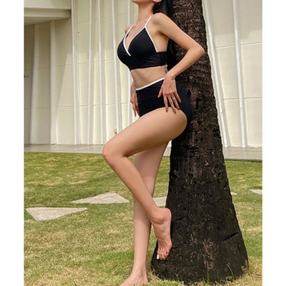 レースレディース Lace Ladies 【2点セット】配色 バック レースアップ セパレート 水着 （ブラック）｜詳細画像