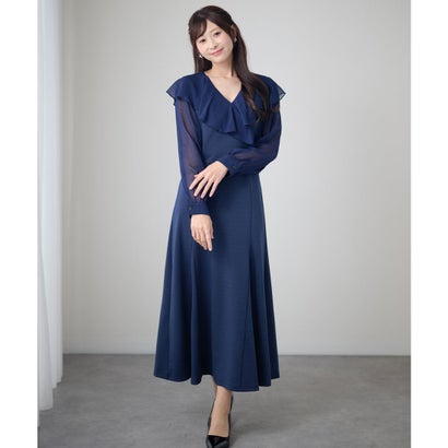 レースレディース Lace Ladies フリルカラー Vネック 長袖 フレア ロングワンピース （ネイビー）｜詳細画像