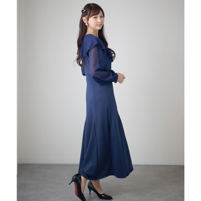 レースレディース Lace Ladies フリルカラー Vネック 長袖 フレア ロングワンピース （ネイビー）｜詳細画像