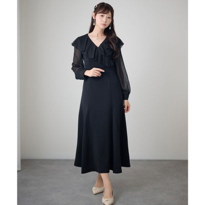レースレディース Lace Ladies フリルカラー Vネック 長袖 フレア ロングワンピース （ブラック）｜詳細画像