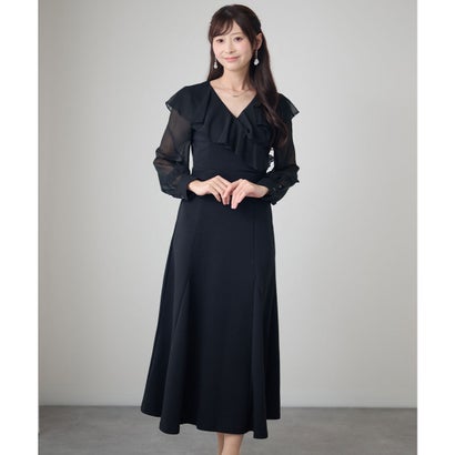 レースレディース Lace Ladies フリルカラー Vネック 長袖 フレア ロングワンピース （ブラック）｜詳細画像