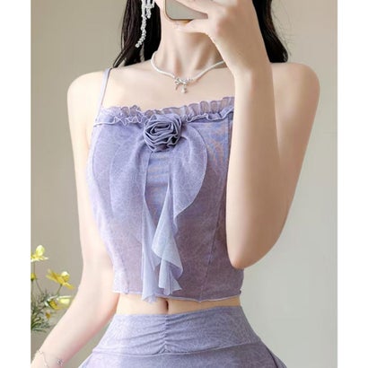 レースレディース Lace Ladies 【2点セット】プリント柄 ローズ モチーフ フリル タンキニ 水着 （パープル）｜詳細画像
