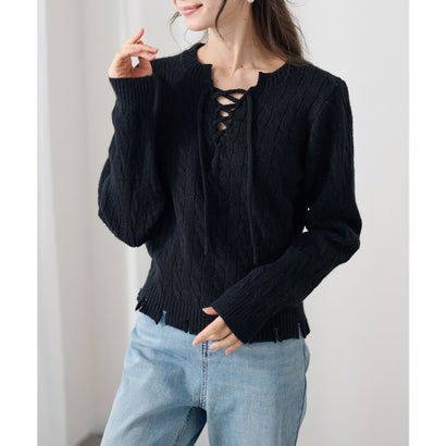 レースレディース Lace Ladies ケーブル編み レースアップ 長袖 ニット プルオーバー （ブラック）｜詳細画像