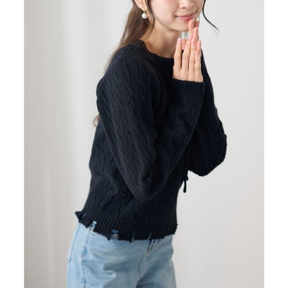 レースレディース Lace Ladies ケーブル編み レースアップ 長袖 ニット プルオーバー （ブラック）｜詳細画像