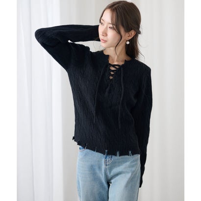 レースレディース Lace Ladies ケーブル編み レースアップ 長袖 ニット プルオーバー （ブラック）｜詳細画像
