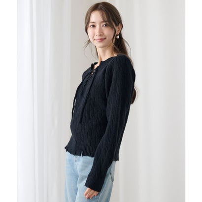 レースレディース Lace Ladies ケーブル編み レースアップ 長袖 ニット プルオーバー （ブラック）｜詳細画像