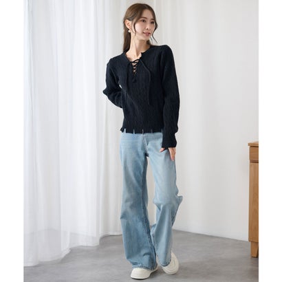 レースレディース Lace Ladies ケーブル編み レースアップ 長袖 ニット プルオーバー （ブラック）｜詳細画像