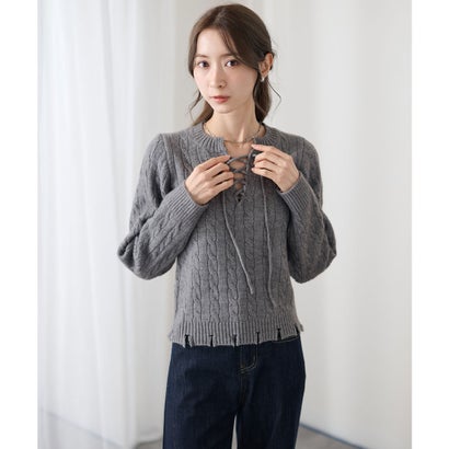 レースレディース Lace Ladies ケーブル編み レースアップ 長袖 ニット プルオーバー （グレー）｜詳細画像