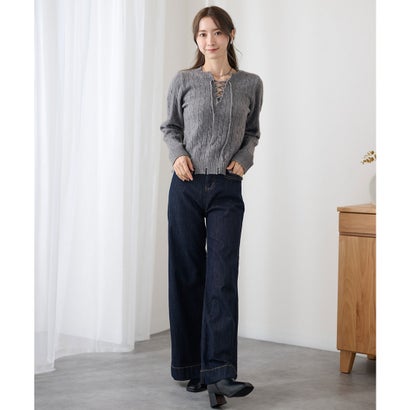 レースレディース Lace Ladies ケーブル編み レースアップ 長袖 ニット プルオーバー （グレー）｜詳細画像