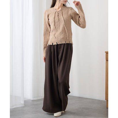 レースレディース Lace Ladies ケーブル編み レースアップ 長袖 ニット プルオーバー （グレージュ）｜詳細画像