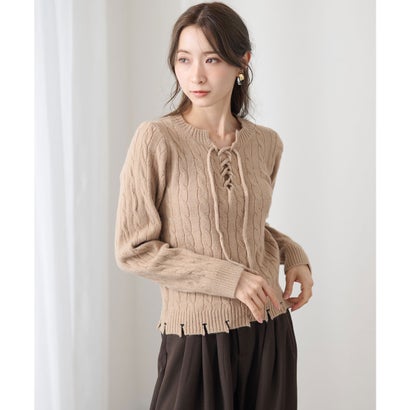 レースレディース Lace Ladies ケーブル編み レースアップ 長袖 ニット プルオーバー （グレージュ）｜詳細画像