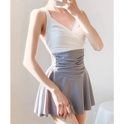 レースレディース Lace Ladies 配色 バックリボン フレア ワンピース 水着 （グレー）｜詳細画像