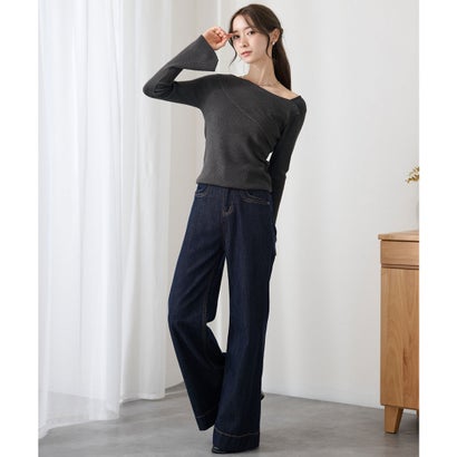 レースレディース Lace Ladies アシンメトリー フレア袖 長袖 ニット トップス （グレー）｜詳細画像