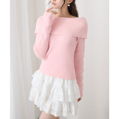 レースレディース Lace Ladies オフショルダー 折り返し リブ シャギー ニット トップス （ピンク）｜詳細画像