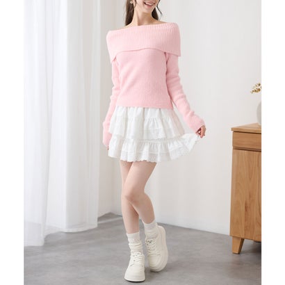 レースレディース Lace Ladies オフショルダー 折り返し リブ シャギー ニット トップス （ピンク）｜詳細画像