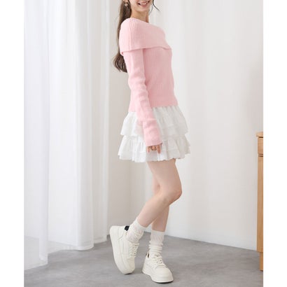 レースレディース Lace Ladies オフショルダー 折り返し リブ シャギー ニット トップス （ピンク）｜詳細画像