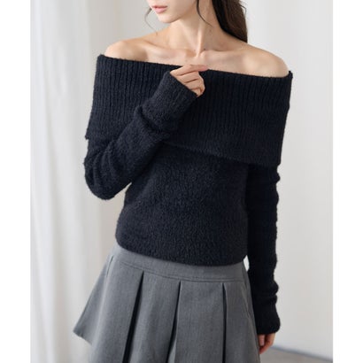 レースレディース Lace Ladies オフショルダー 折り返し リブ シャギー ニット トップス （ブラック）｜詳細画像