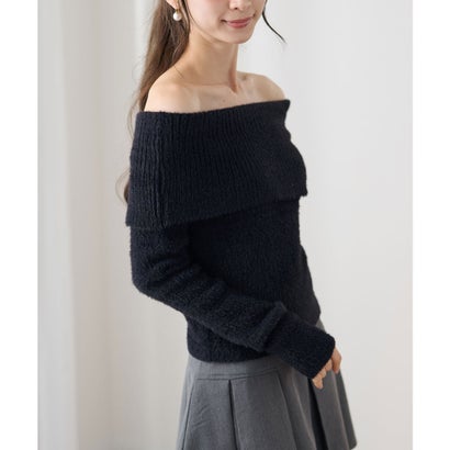 レースレディース Lace Ladies オフショルダー 折り返し リブ シャギー ニット トップス （ブラック）｜詳細画像