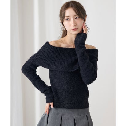 レースレディース Lace Ladies オフショルダー 折り返し リブ シャギー ニット トップス （ブラック）｜詳細画像