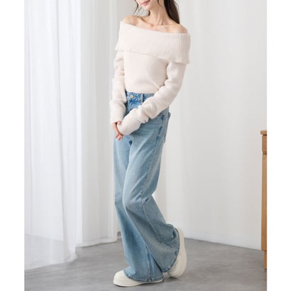 レースレディース Lace Ladies オフショルダー 折り返し リブ シャギー ニット トップス （ベージュ）｜詳細画像