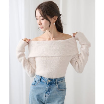 レースレディース Lace Ladies オフショルダー 折り返し リブ シャギー ニット トップス （ベージュ）｜詳細画像