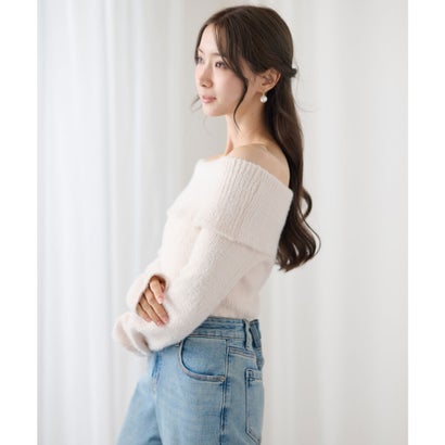 レースレディース Lace Ladies オフショルダー 折り返し リブ シャギー ニット トップス （ベージュ）｜詳細画像