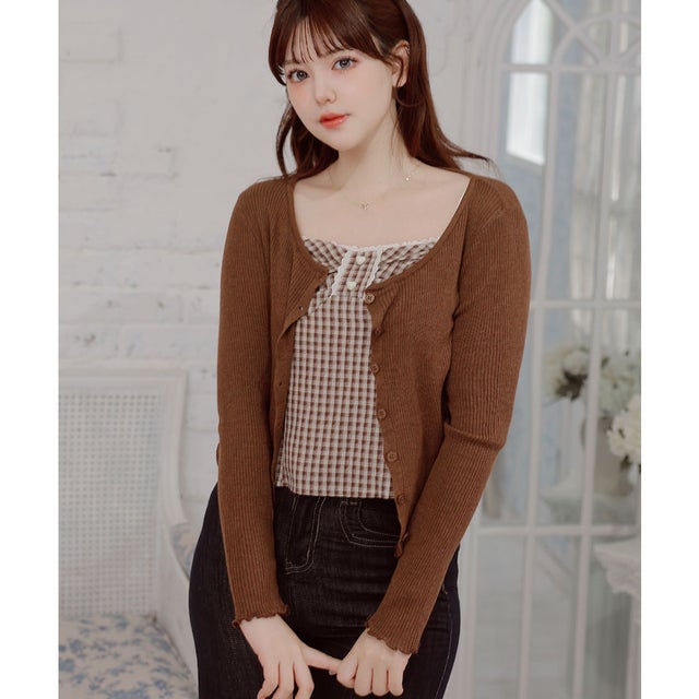【2点セット】 チェック柄シャーリングキャミソール×リブカーディガン （ブラウン）