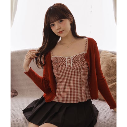 【2点セット】 チェック柄シャーリングキャミソール×リブカーディガン （レッド）｜詳細画像