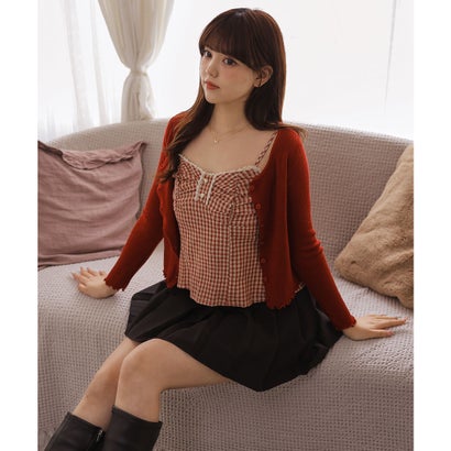 【2点セット】 チェック柄シャーリングキャミソール×リブカーディガン （レッド）｜詳細画像