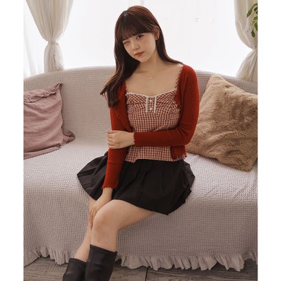 【2点セット】 チェック柄シャーリングキャミソール×リブカーディガン （レッド）｜詳細画像