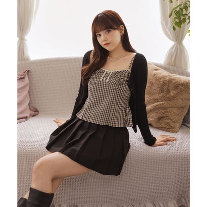 【2点セット】 チェック柄シャーリングキャミソール×リブカーディガン （ブラック）｜詳細画像