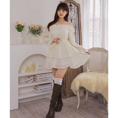 レースレディース Lace Ladies オフショル フリル レースアップ ティアード ワンピース （アイボリー）｜詳細画像