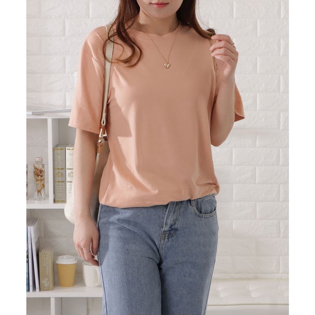 【選べるネックライン】ゆるシルエット半袖カラーTシャツ （Uネック・ピンク）