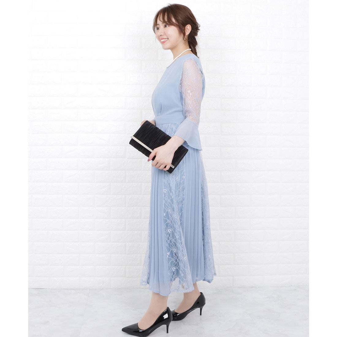 レースレディース Lace Ladies レースプリーツ切替ロングワンピース 