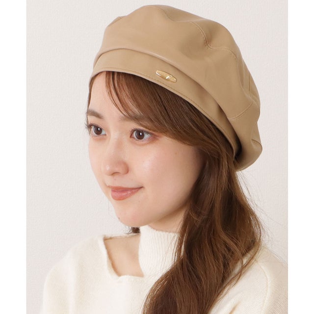 レザー調ステッチインタグ付きベレー帽 （ベージュ）