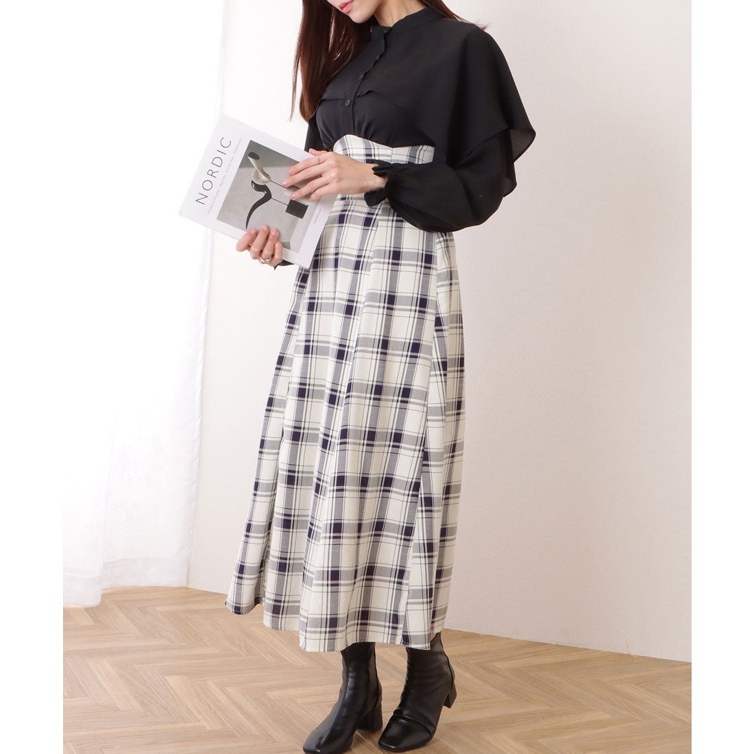 レースレディース Lace Ladies ケープカラー チェック柄 ドッキング 