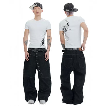 エルエイチピー L.H.P. DND4DES/ディーエヌディーフォーデス/Avant-Garde Curved Button Raw Denim Jeans （ネイビー）｜詳細画像
