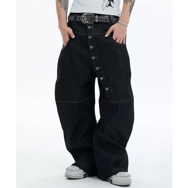 DND4DES/ディーエヌディーフォーデス/Avant-Garde Curved Button Raw Denim Jeans （ネイビー）