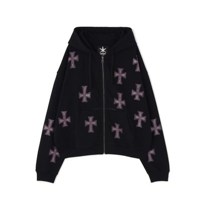 UNKNOWNLONDON/アンノウンロンドン/Allover Cross Rhinestone Zip Hoodie （ブラック）｜詳細画像