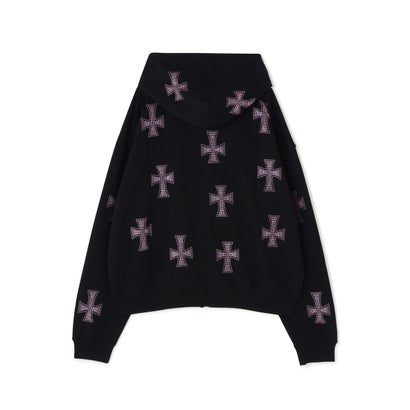 UNKNOWNLONDON/アンノウンロンドン/Allover Cross Rhinestone Zip Hoodie （ブラック）｜詳細画像