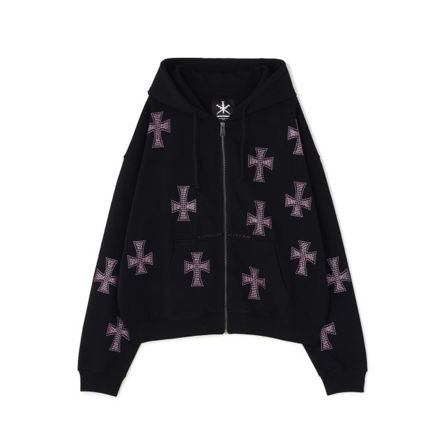 UNKNOWNLONDON/アンノウンロンドン/Allover Cross Rhinestone Zip Hoodie （ブラック）