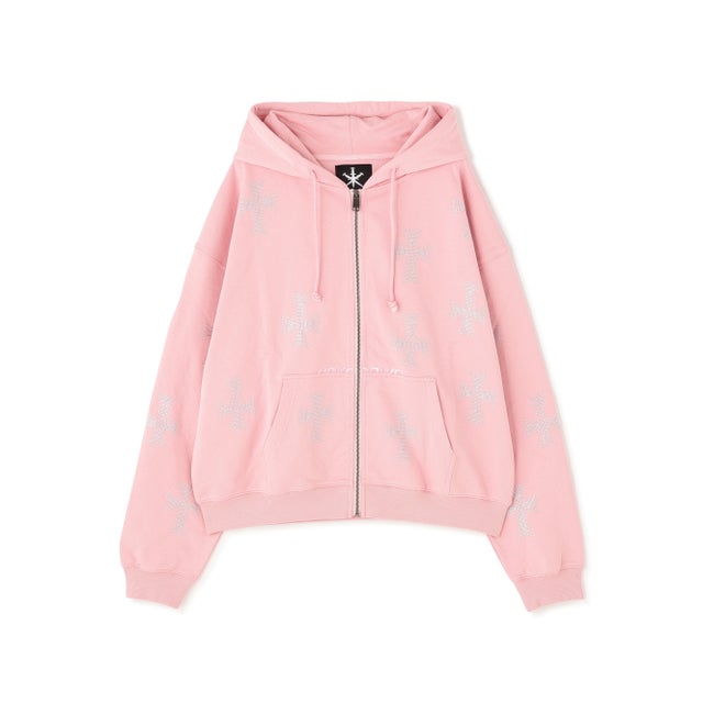 UNKNOWNLONDON/アンノウンロンドン/Pink Allover Cross Rhinestone Zip Hoodie （ピンク）