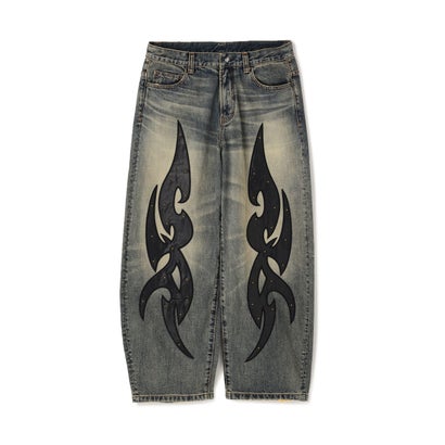 エルエイチピー L.H.P. SUPPLIER/サプライヤー/Studs Tribal Leather Patch Curve Denim （ブラック）｜詳細画像