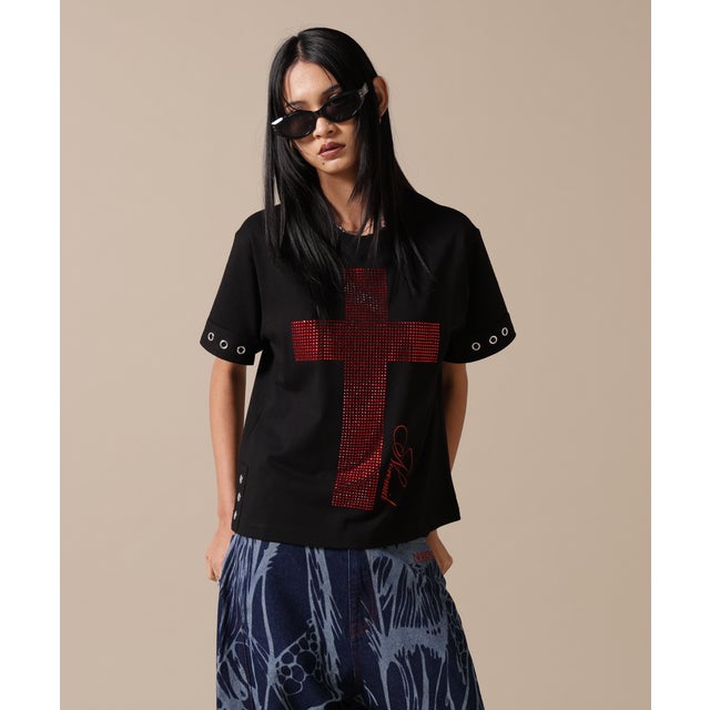 NoRemid／別注Cross Rhineston SS T （ブラック1）